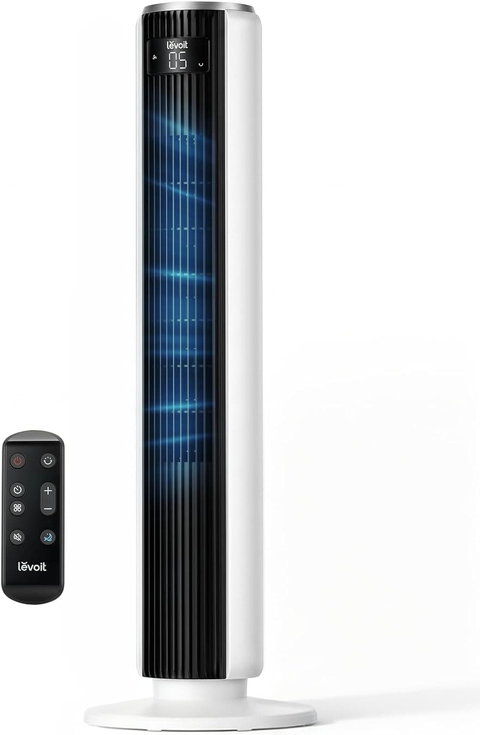 Levoit Tower Fan for Bedroom, sleek 36-inch design, bladeless, 90° oscillating, powerful 28ft/s cooling airflow.