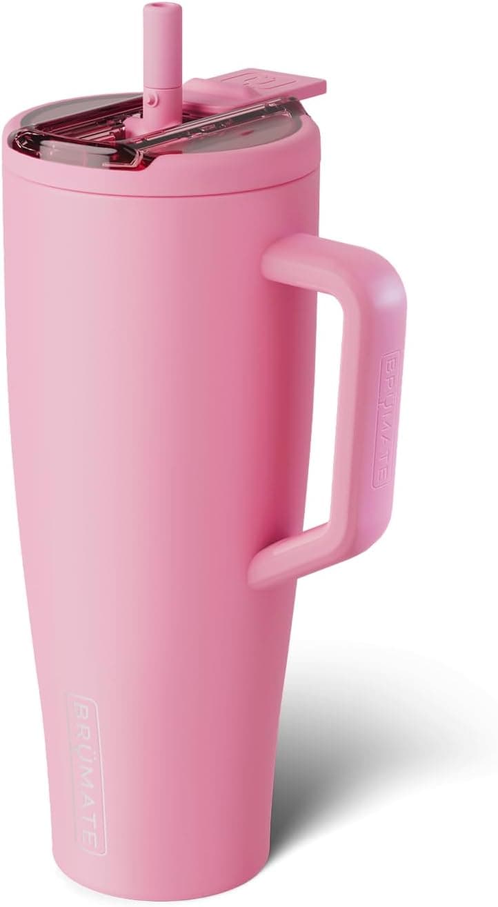 Brümate Era Flip 40oz Tumbler in primrose color, featuring a hygienic covered straw lid and ergonomic handle.