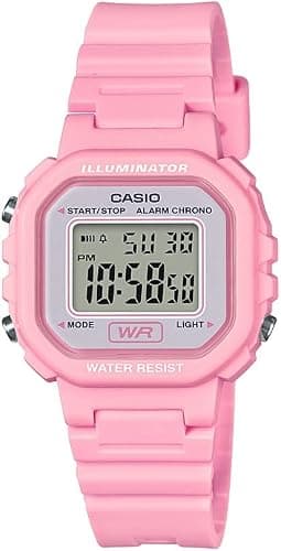 Casio La20wh Series women's digital watch with water resistance, LED light, auto calendar, and stopwatch feature.