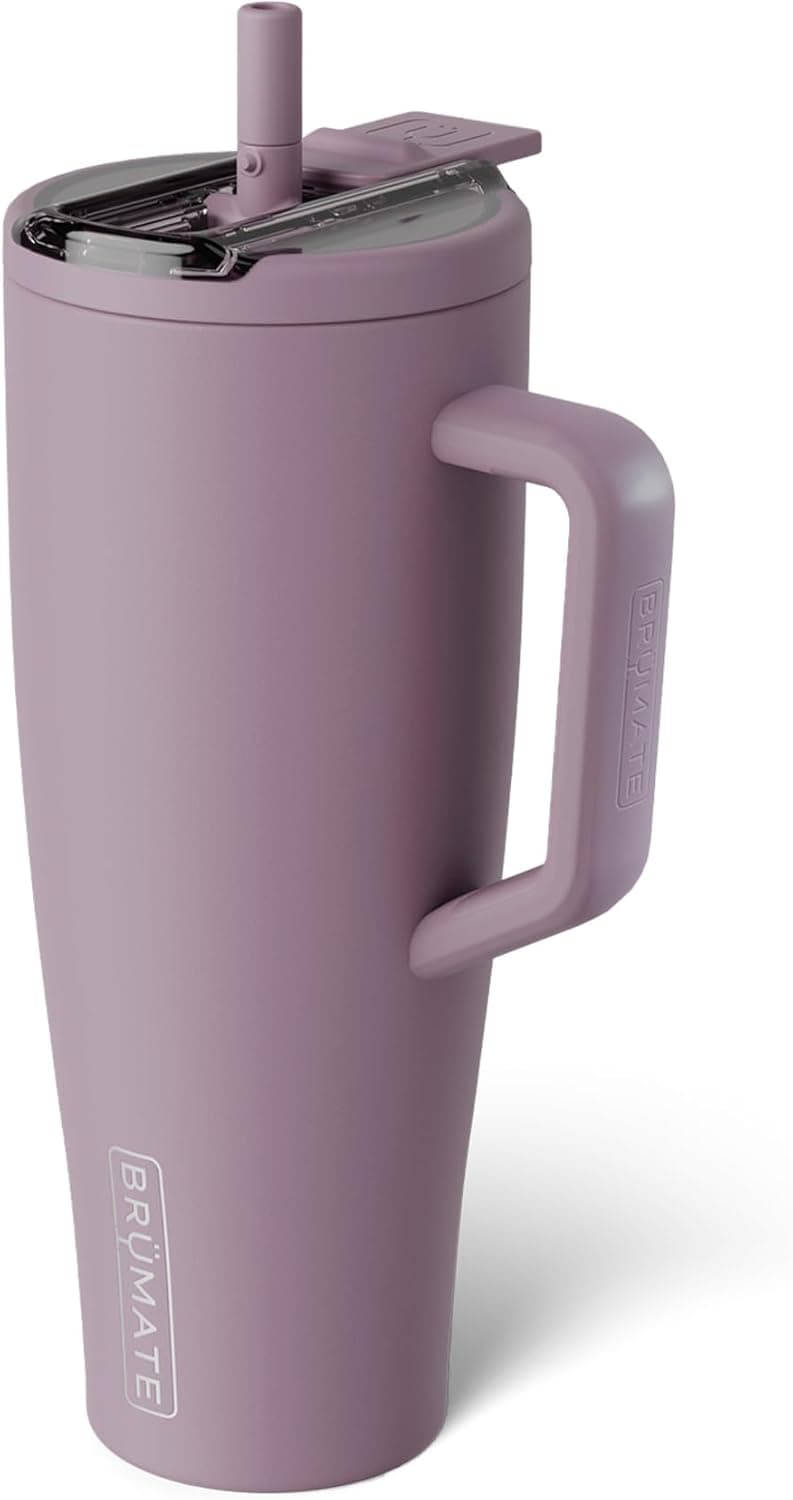 Brümate Era Flip 40oz tumbler in lilac dusk, featuring a leakproof straw lid, insulated stainless steel, and a convenient han