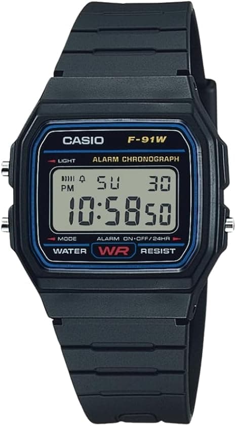 Casio F91W Series Digital Watch with black resin strap, LED light, stopwatch, and daily alarm features.