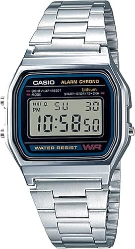 Casio A158wa Series unisex digital watch with vintage style, water resistant, LED light, and stopwatch feature.