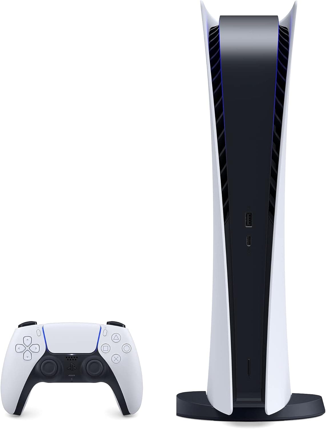 Sony Playstation 5 Digital Edition console with sleek white design, wireless controller, and 8K output capability.