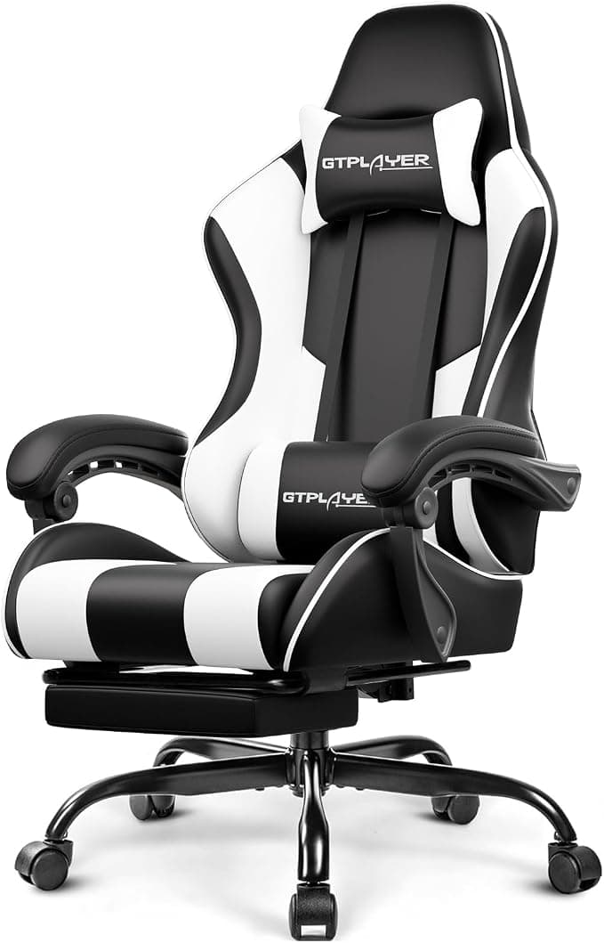 Gtplayer Gaming Chair in black and red, featuring adjustable height, footrest, and lumbar support for ultimate comfort.