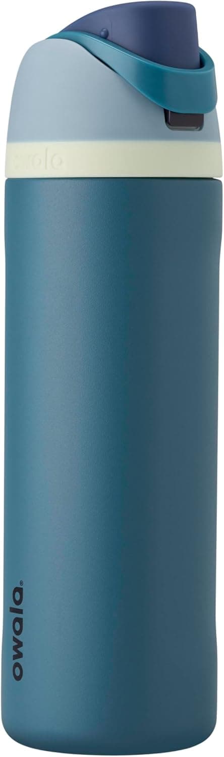 Owala Freesip 24 oz insulated stainless steel water bottle in denim color with a straw, perfect for travel and BPA-free.