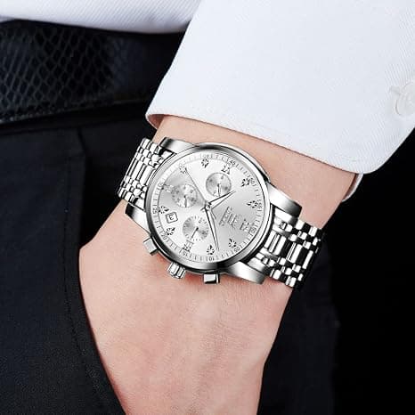Olevs Men's Stainless Steel Chronograph Watch with big face, gold silver black tone, luxury waterproof design, diamond Roman