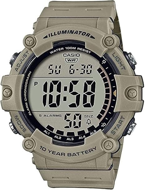 Casio Illuminator AE1500WH series men's digital watch with LED backlight, 10-year battery, and 5 alarms.