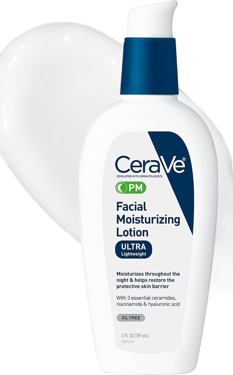 Cerave PM Facial Moisturizing Lotion 3oz bottle with a clean design, featuring hyaluronic acid and niacinamide.