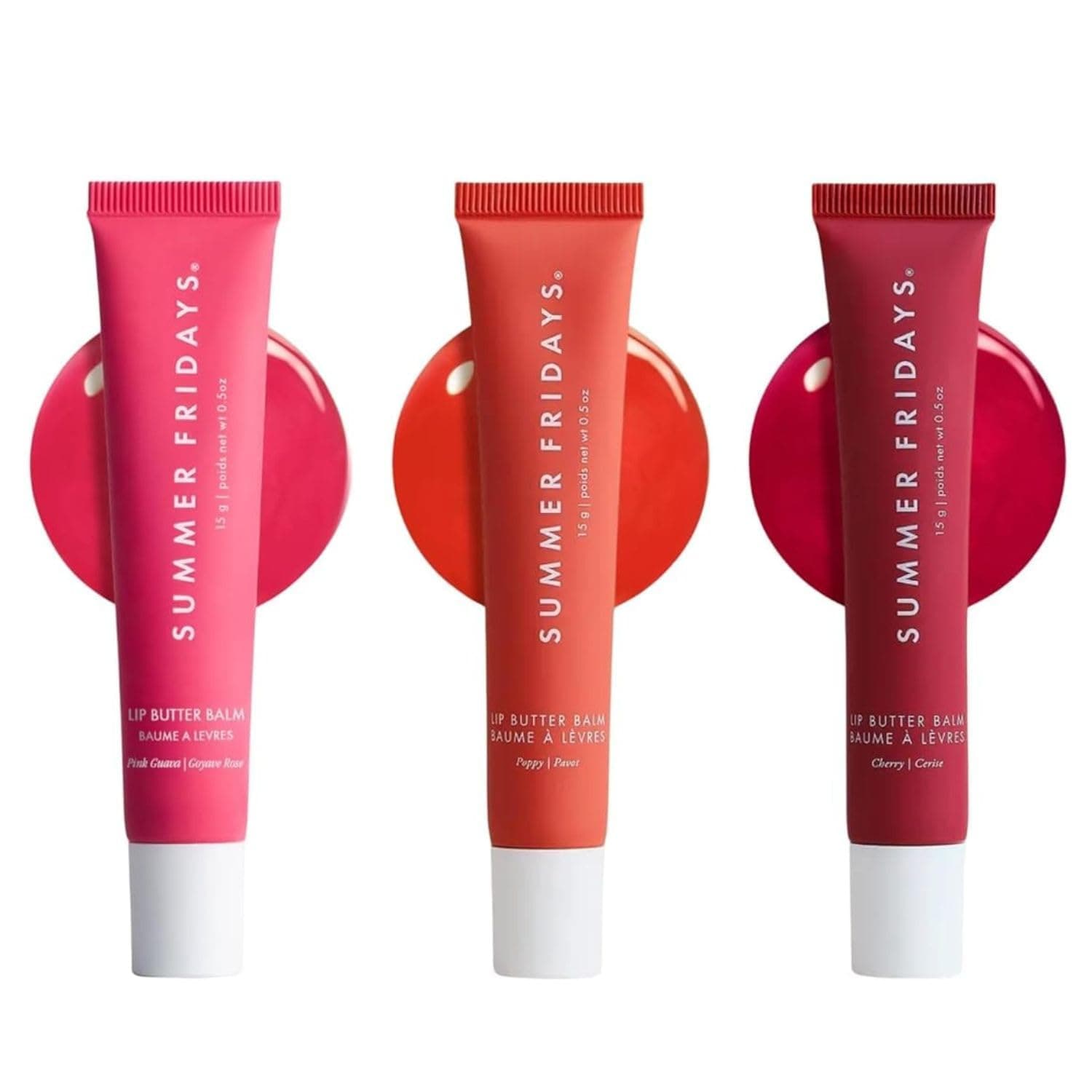 Summer Fridays Lip Butter Balm Summer Fruit Trio set with Pink Guava, Poppy, and Cherry shades, showcasing glossy finishes an