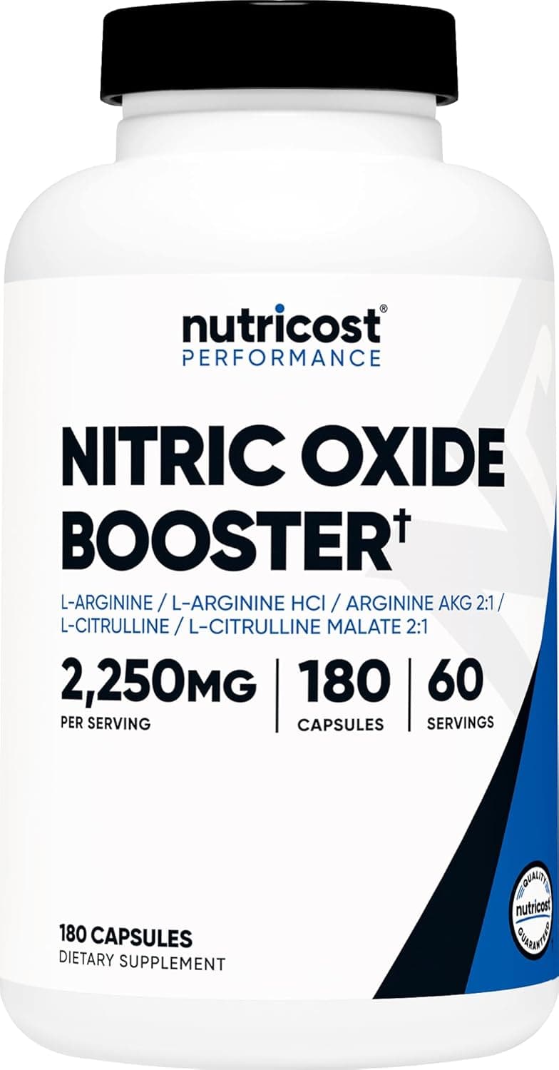 Nutricost Nitric Oxide Booster capsules, 2250mg, 180 count, featuring a sleek bottle design, gluten-free and non-GMO.