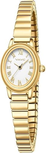 Luxury Small Gold Watch for Women with oval case, Roman dial, stainless steel expansion band, water resistant design.