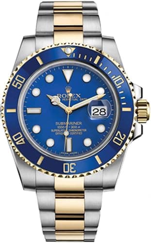 Rolex Submariner Date 116613LB, 40mm, featuring a blue dial with yellow gold and stainless steel case, automatic movement.