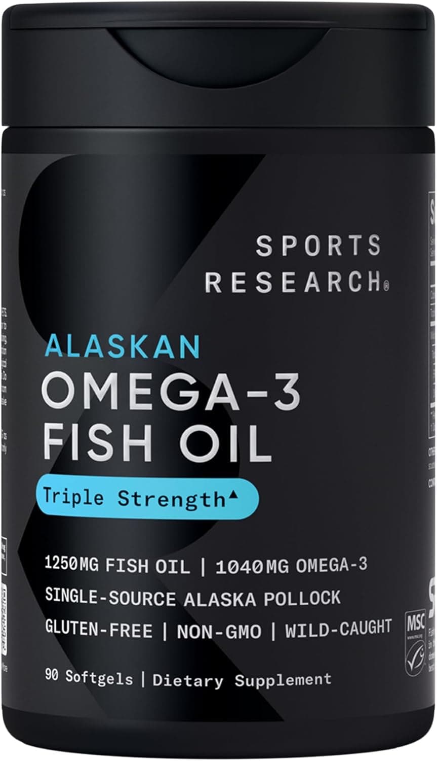 Sports Research Omega-3 Fish Oil 1250 softgel capsules in a clear bottle, featuring a label with vibrant colors and health ic