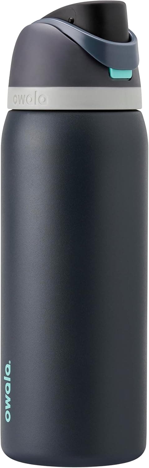 Owala Freesip 32oz insulated stainless steel water bottle in Foggy Tide color with straw, perfect for sports and travel.