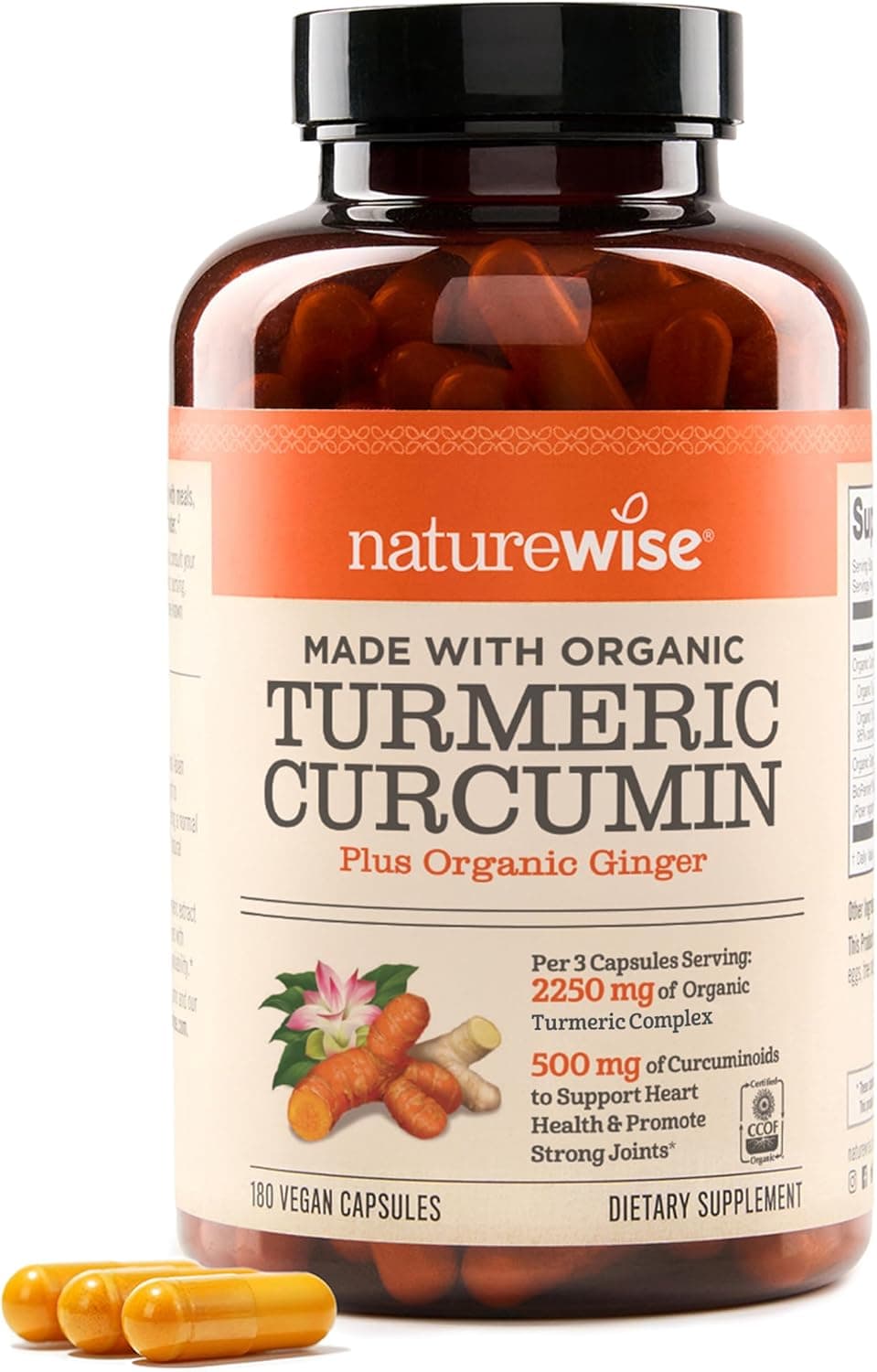 Naturewise Curcumin Turmeric 2250mg bottle with 180 vegan capsules, highlighting advanced absorption and joint support.