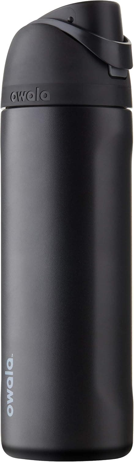 Owala Freesip 24 Oz Insulated Stainless Steel Water Bottle in Very Dark color with straw, sleek and modern design.