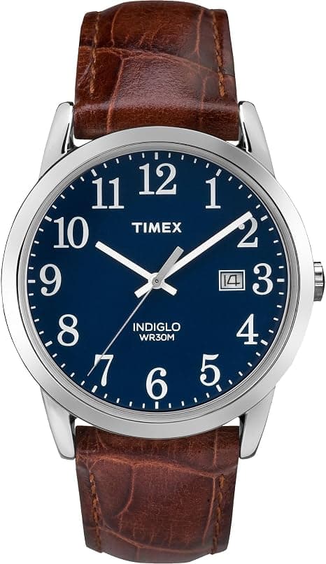Timex Men's Easy Reader Watch featuring a 38mm black dial and a classic leather strap for a stylish look.