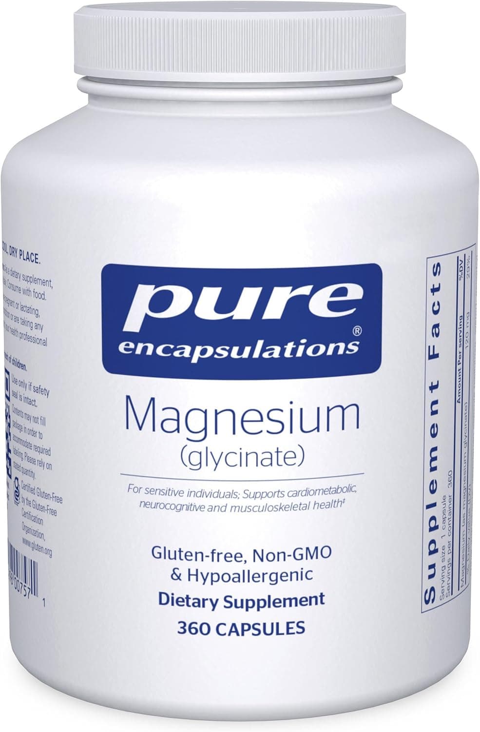 Pure Encapsulations Magnesium Glycinate bottle with 360 capsules, promoting stress relief, sleep support, and heart health.