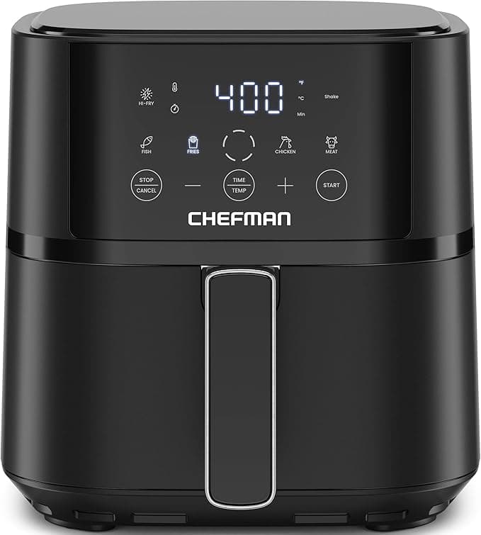 Chefman 4 QT Compact Air Fryer in black with touchscreen controls and nonstick basket, showcasing sleek design and modern fea