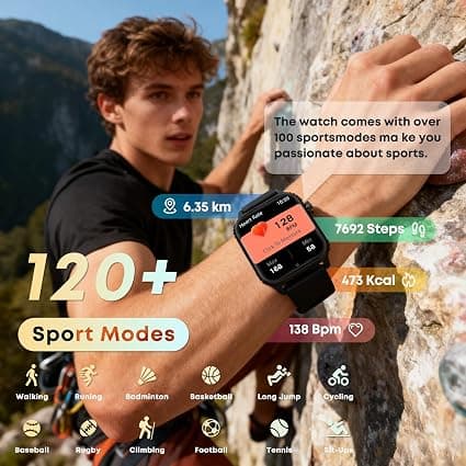 Black Smart Watch for Men with 1.83" HD Touchscreen, 120+ Sports Modes, IP67 Waterproof, Bluetooth Call & Music Control