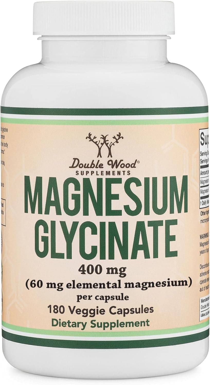 Double Wood Supplements Magnesium Glycinate 400mg capsules in a clear bottle, vegan, gluten-free, supports sleep and heart he