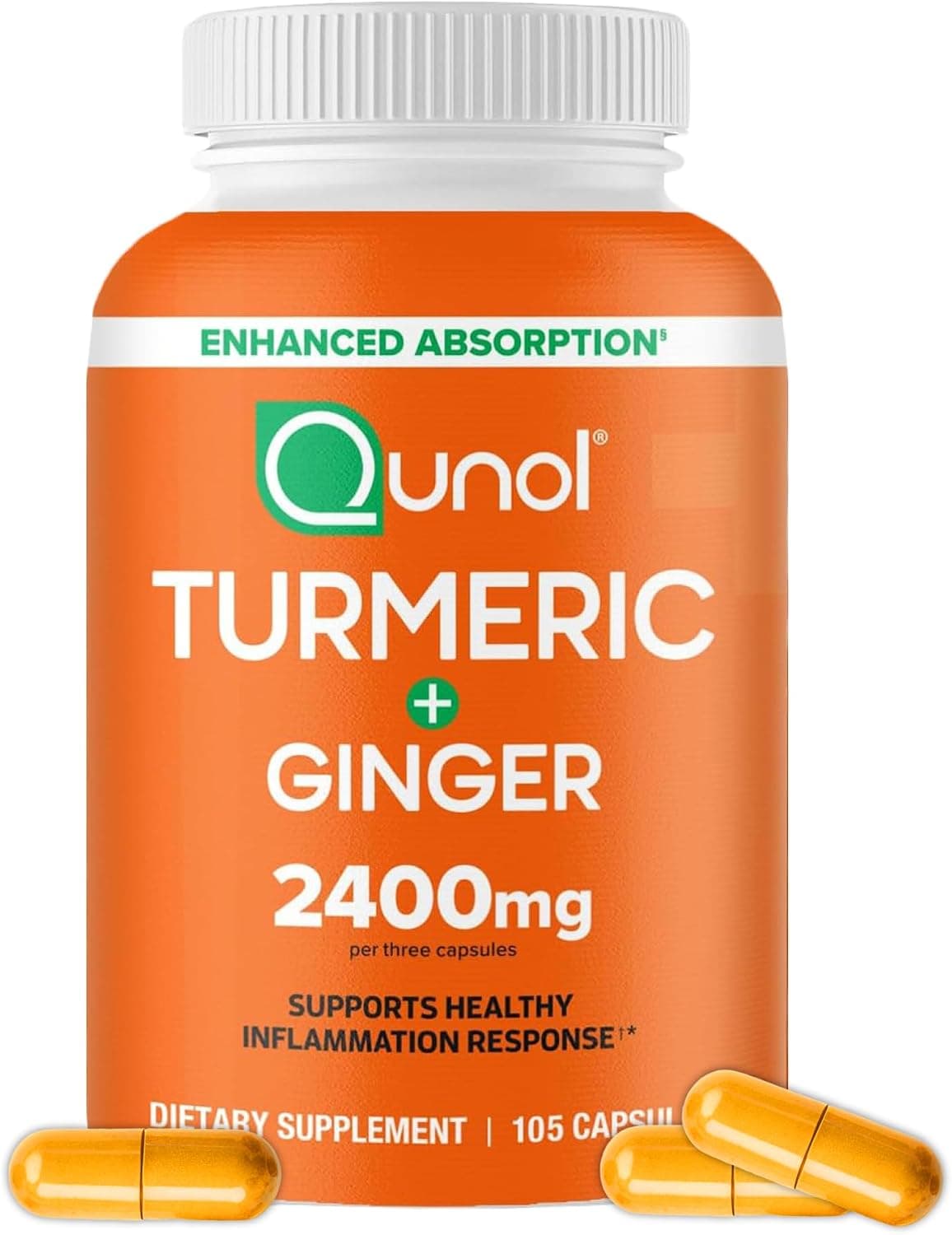 Qunol Turmeric Curcumin supplement bottle with 2400mg turmeric extract, featuring black pepper & ginger, 105 count capsules