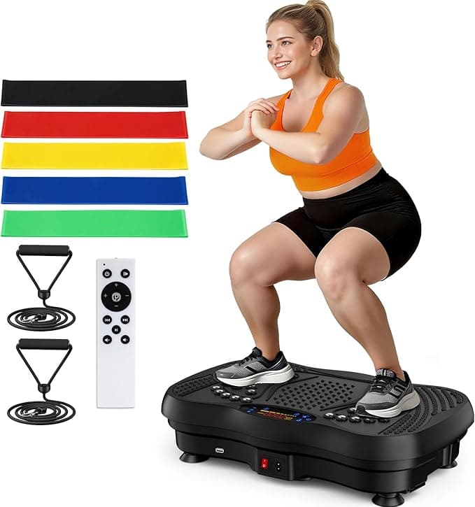 Vibration Plate Exercise Machine with 130 levels, designed for full body workouts, featuring a sleek design and Bluetooth cap