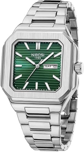 Nibosi Men's Analog Quartz Stainless Steel Silver Watch with waterproof feature, showcasing classic business style and day/da