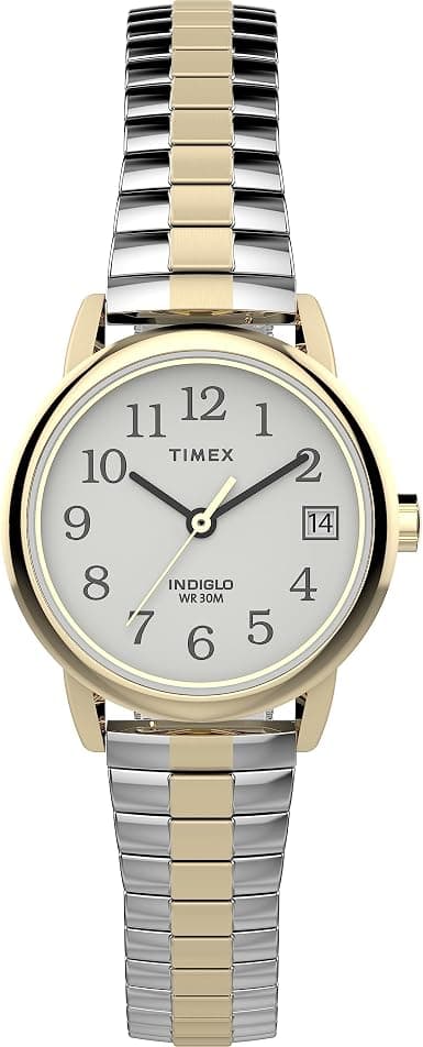 Timex Women's Easy Reader Watch with brown leather strap and white dial, featuring a classic quartz movement design.