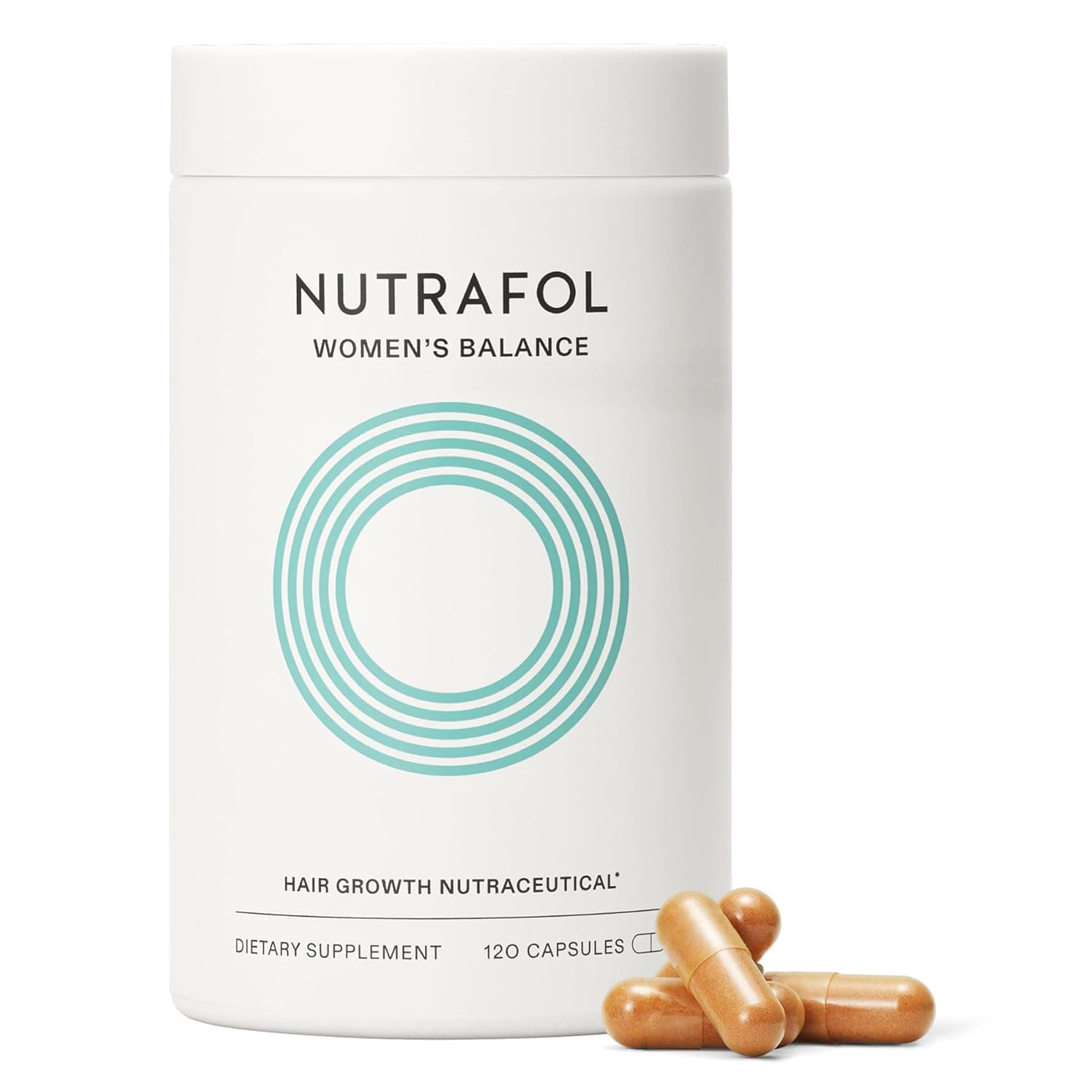 Nutrafol Women's Balance Hair Growth Supplements in a sleek bottle, designed for women 45+, promoting thicker hair and scalp