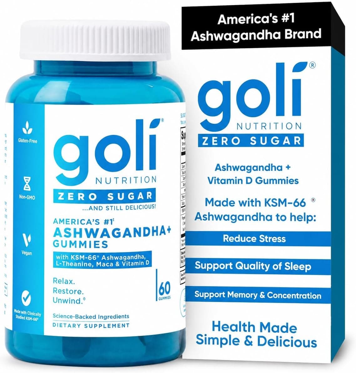 Goli Nutrition Zero Sugar Ashwagandha Gummies, vegan and keto-friendly, featuring vibrant colors and a chewy texture.