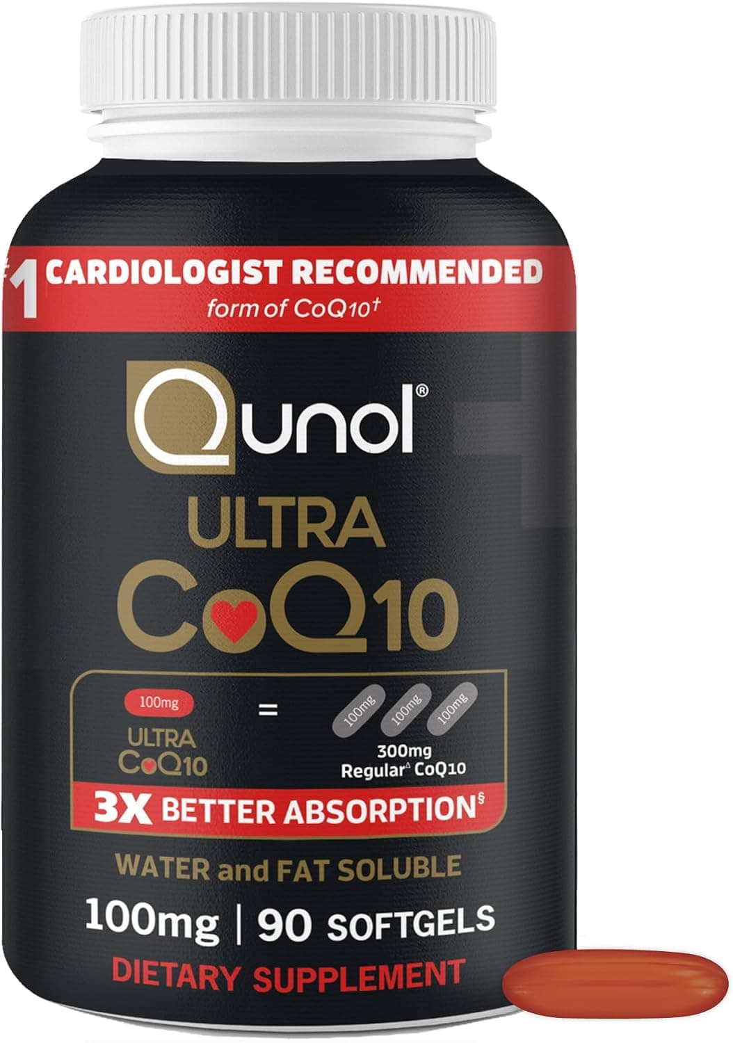 Qunol Ultra CoQ10 100mg softgels in a bottle, promoting heart health and energy with 90 count for superior absorption.