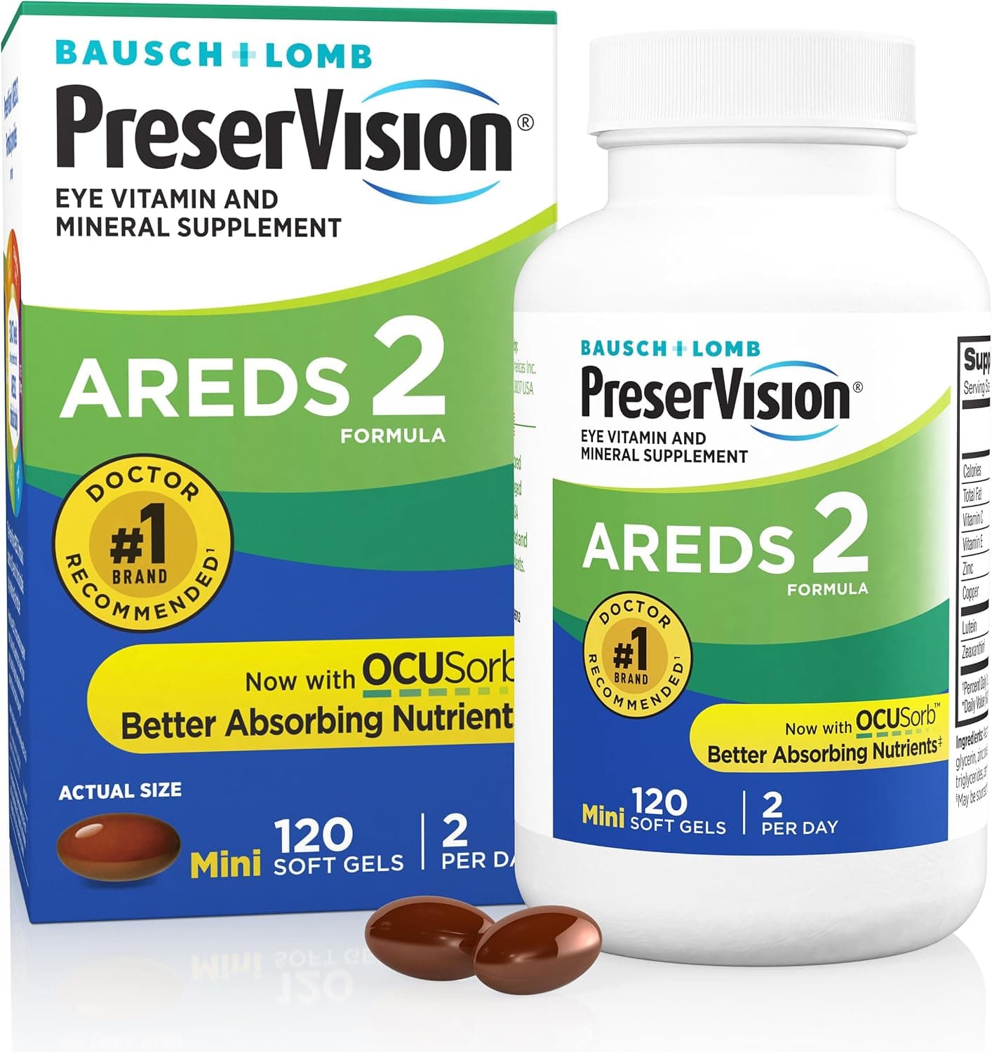 Preservision Areds 2 Eye Vitamins softgels in a clear bottle with a white cap, featuring vibrant label detailing ingredients.