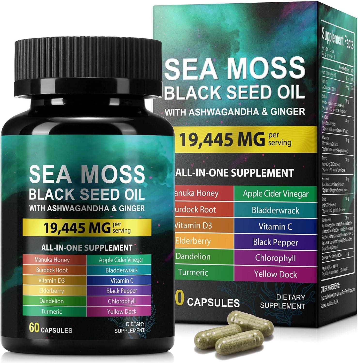 Sea Moss Black Seed Oil Supplement capsules in a bottle with herbs and spices, promoting immunity and energy.