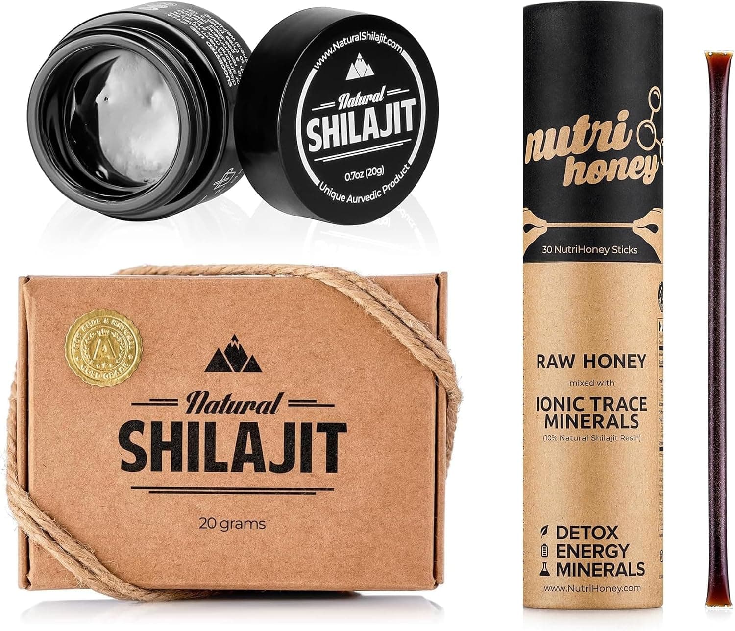 Pure Shilajit Resin 30g in a glass jar, dark brown color, natural texture, labeled as a natural energy booster rich in minera