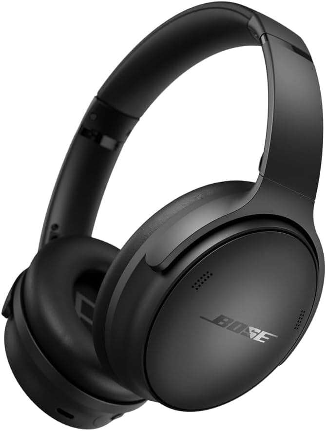 Bose Quietcomfort 45 wireless Bluetooth headphones in sleek black with over-ear design, USB-C charging, and deep bass.