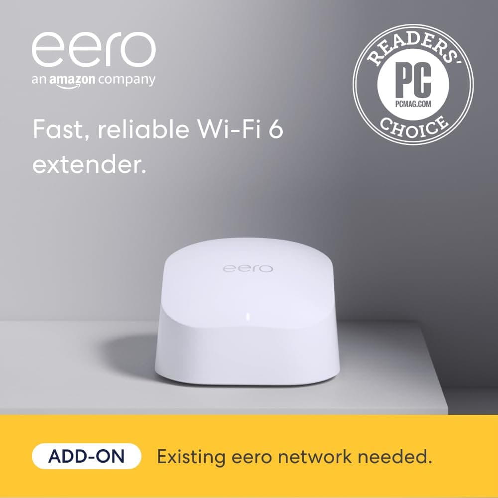 Amazon Eero 6 Mesh Wi-Fi Add-on Extender, sleek white design, compact size, enhances Wi-Fi coverage up to 1,500 sq. ft.