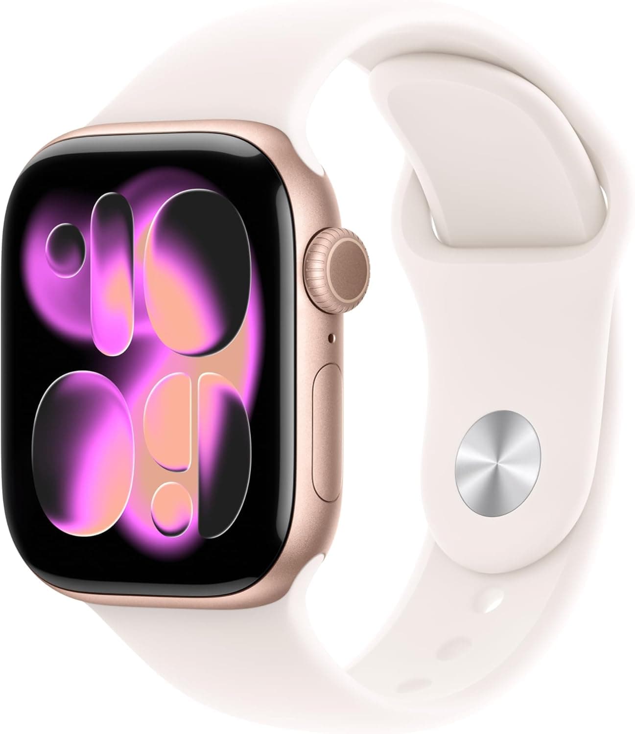 Apple Watch Series 11 GPS 42mm in rose gold aluminum with light blush sport band, featuring sleep score and health monitoring