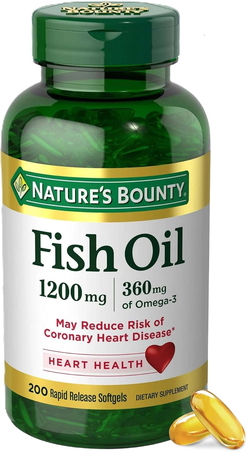 Nature's Bounty Fish Oil Omega-3 Supplements 1200 Mg, 200 softgels in a clear bottle for heart health support.