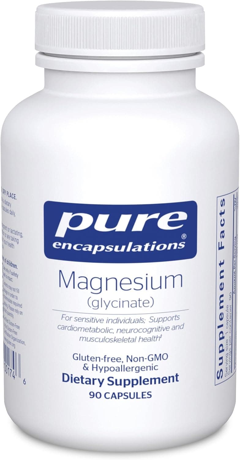 Pure Encapsulations Magnesium Glycinate 90 capsules bottle with white label, promoting stress relief and heart health.